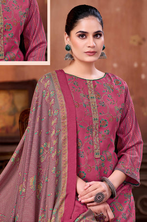 DRAVINAM Trends Women's Winter Wear Unstitched Discharge Print Hand Work Neck Embroidered Woollen Viscose Pashmina Salwar Suit Dress Material with Pashmina Printed Shawl Dupatta