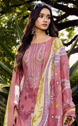 DRAVINAM Trends Women's Unstitched Cotton Suit Dress Material -Embroidered Digital Print Top II Plain Bottoms II Digital Print Dupatta