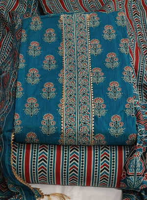 DRAVINAM Trends Women's Jaipuri Printed Embroidered and Hand Work Premium Cambric Cotton Unstitched Salwar Suit Dress Material with Mulmul Cotton Dupatta