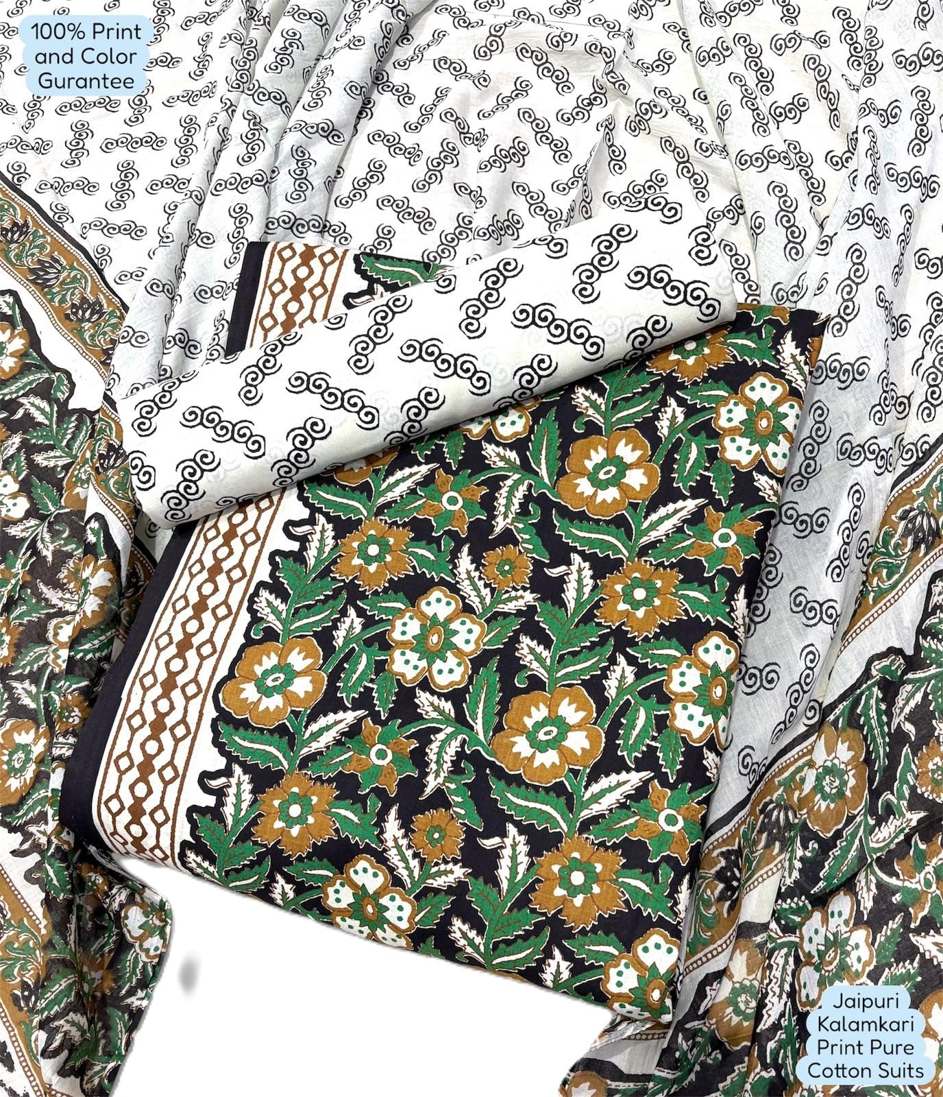 Unstitched Jaipuri Handmade Traditional Kalamkari Print Soft Cotton Dress Material with Cotton Dupatta