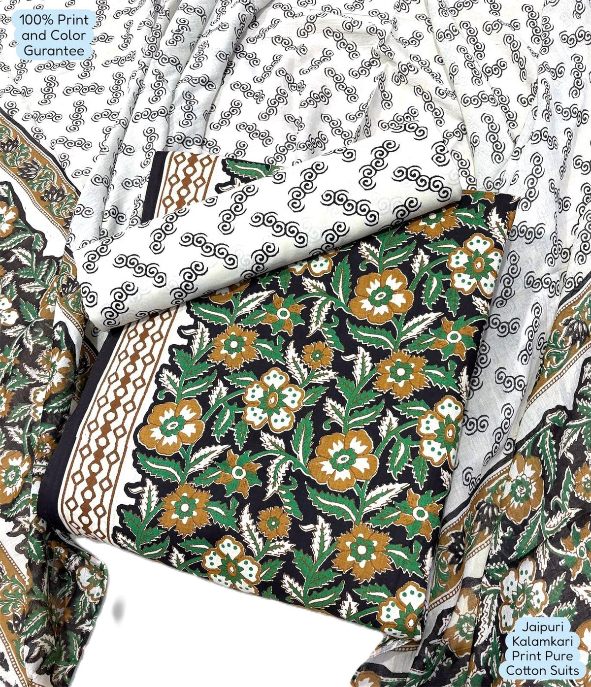 DRAVINAM Trends Unstitched Jaipuri Handmade Traditional Kalamkari Print Soft Cotton Dress Material with Cotton Dupatta