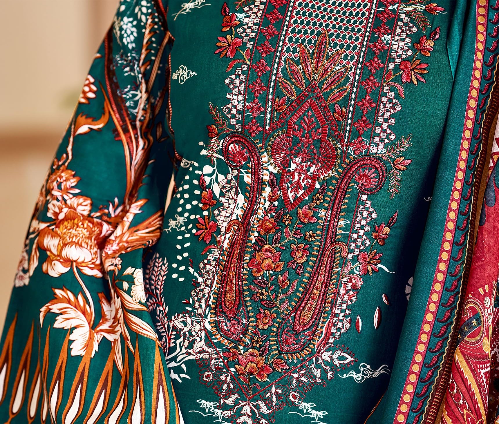 DRAVINAM Trends Lawn Cotton Pakistani Embroidered Suit Dress Material with Unstitched Bottoms and Cotton Dupatta