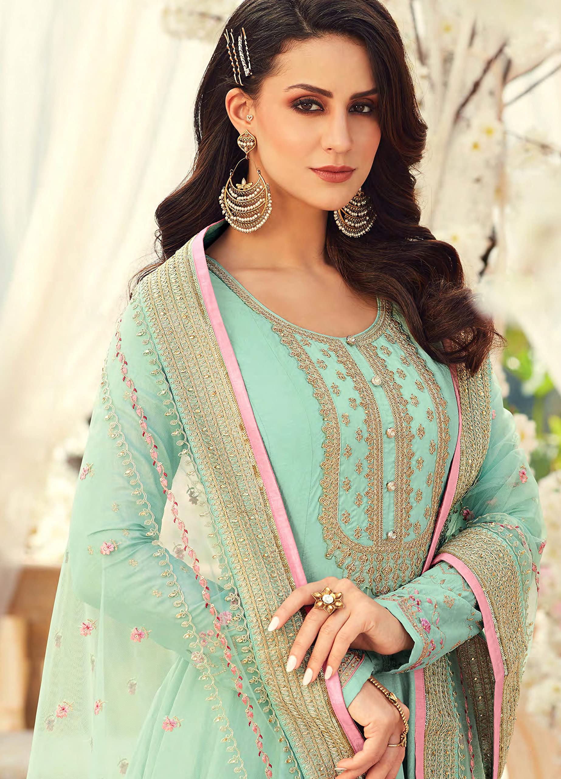 DRAVINAM Trends Women's Heavy Dola silk Embroidered and Hand Work Floor length Unstitched Gown Suit Material with Heavy Net Embroidered and Hand work Dupatta (Free size_Sea Green)