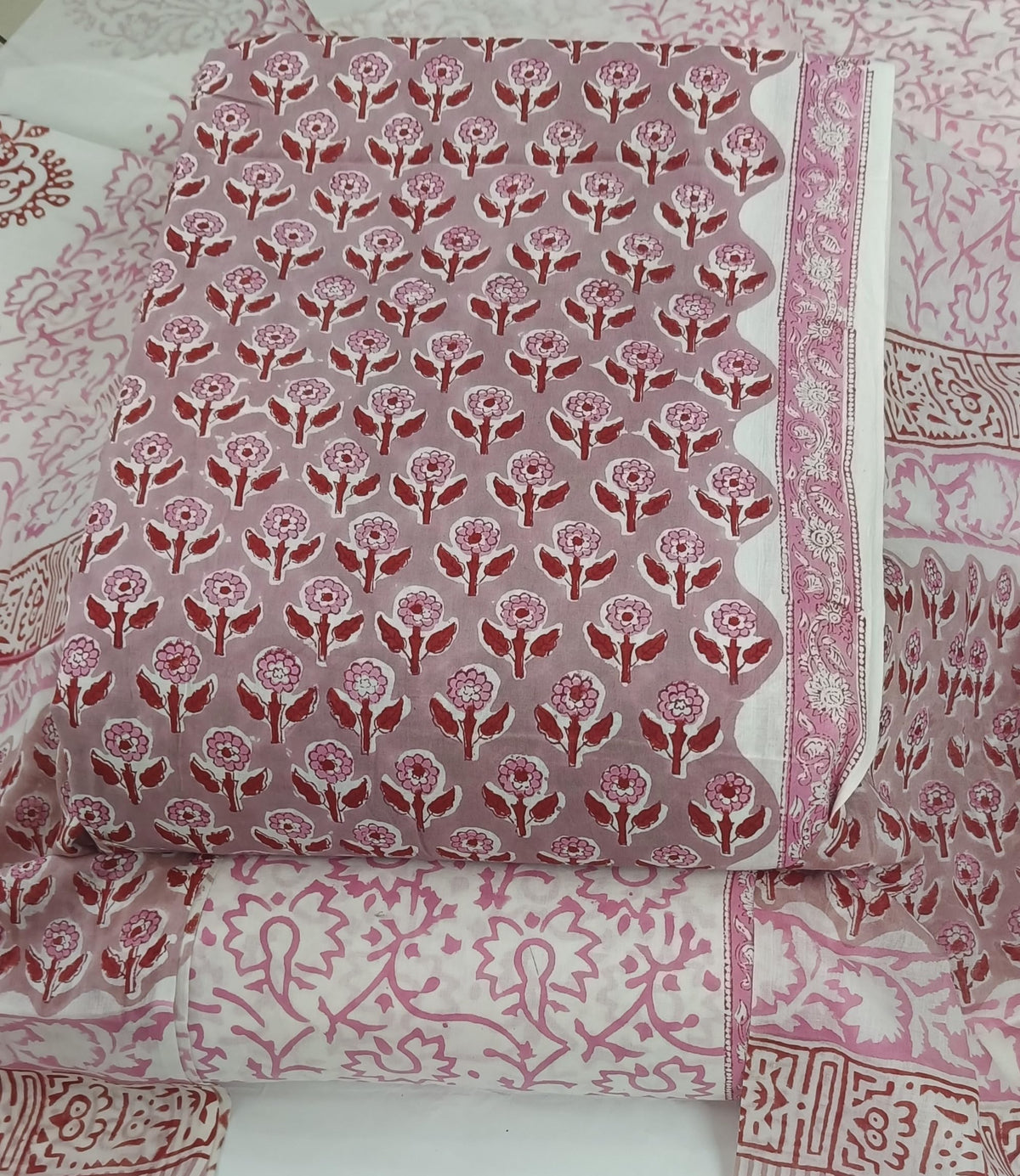 DRAVINAM Trends Hand Block Print Jaipuri Cambric Unstitched Cotton Suit Dress Material for Women with Mulmul Cotton Hand Printed Dupatta