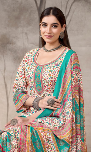 DRAVINAM Trends Women's Winter Wear Pure Viscose Woolen Pashmina Digital Kani Printed Swaroski Work Unstitch Salwar Suit Dress Material with Pure Digital Viscose Pashmina Woolen Warm Shawl Dupatta