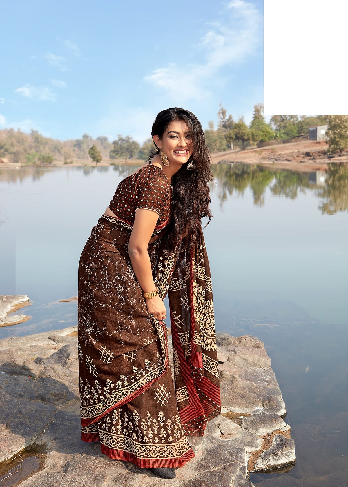 DRAVINAM Trends Women's Linen Printed Saree with Blouse Piece (Brown)