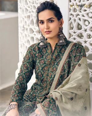 DRAVINAM Trends Women's Winter wear Embroidered Pure Wool Pashmina Digital Printed Unstitched Salwar Suit Dress Material with Pure Pashmina Warm Shawl Dupatta (Brown)