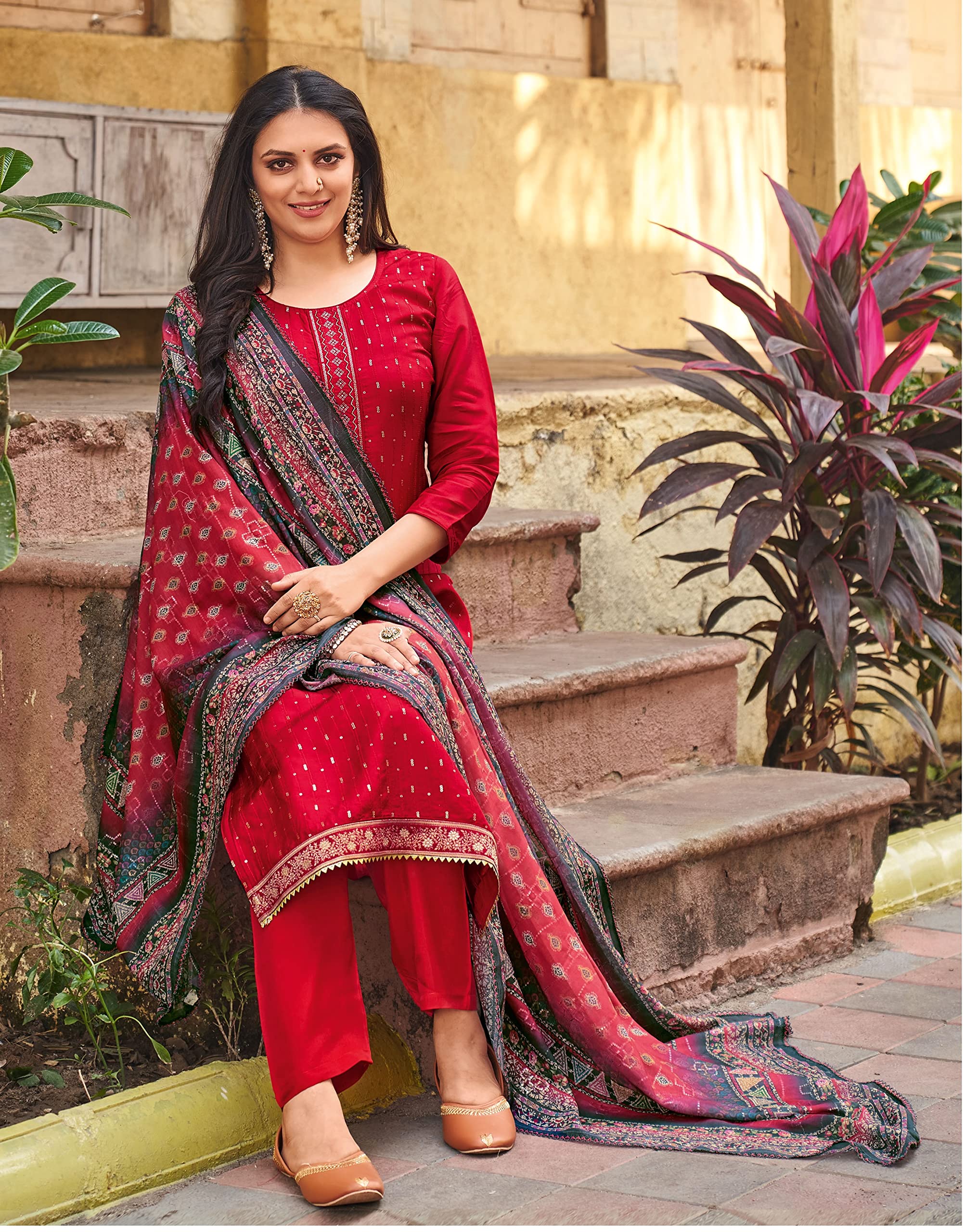 DRAVINAM Trends Women's Pure Viscose Upada Silk Sequence work Unstitched Salwar Suit Material with Pure Muslin Digital Print Sequence Dupatta (Free size_Maroon)