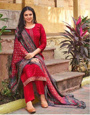 DRAVINAM Trends Women's Pure Viscose Upada Silk Sequence work Unstitched Salwar Suit Material with Pure Muslin Digital Print Sequence Dupatta (Free size_Maroon)