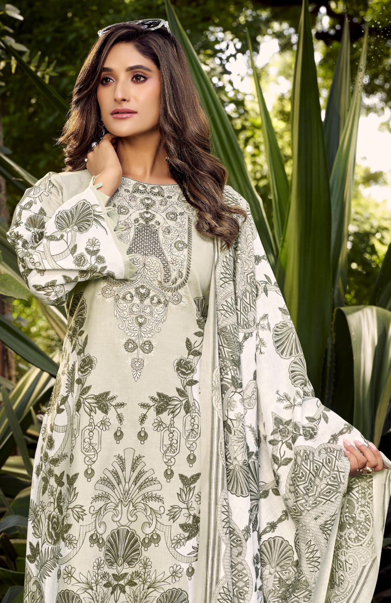 DRAVINAM Trends Women's Unstitched Cotton Suit Dress Material -Embroidered Digital Print Top II Plain Bottoms II Digital Print Dupatta