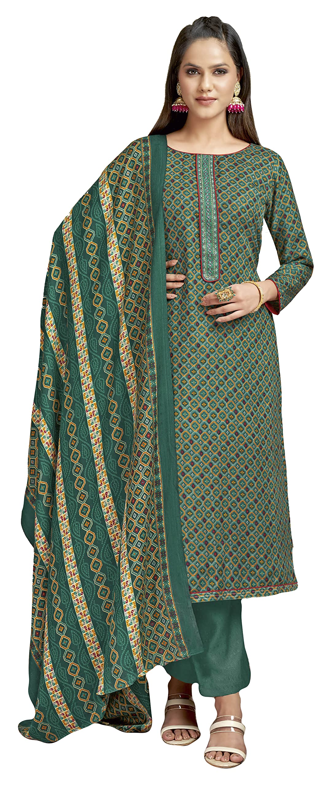 DRAVINAM Trends Women's Unstitched dobby Print Woollen Pashmina Salwar Suit Dress Material with Embroiderywork and Pashmina Printed Shawl Dupatta (Free Size_Green)