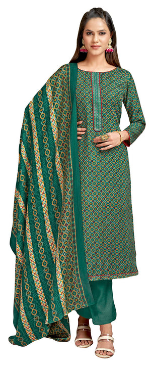 DRAVINAM Trends Women's Unstitched dobby Print Woollen Pashmina Salwar Suit Dress Material with Embroiderywork and Pashmina Printed Shawl Dupatta (Free Size_Green)