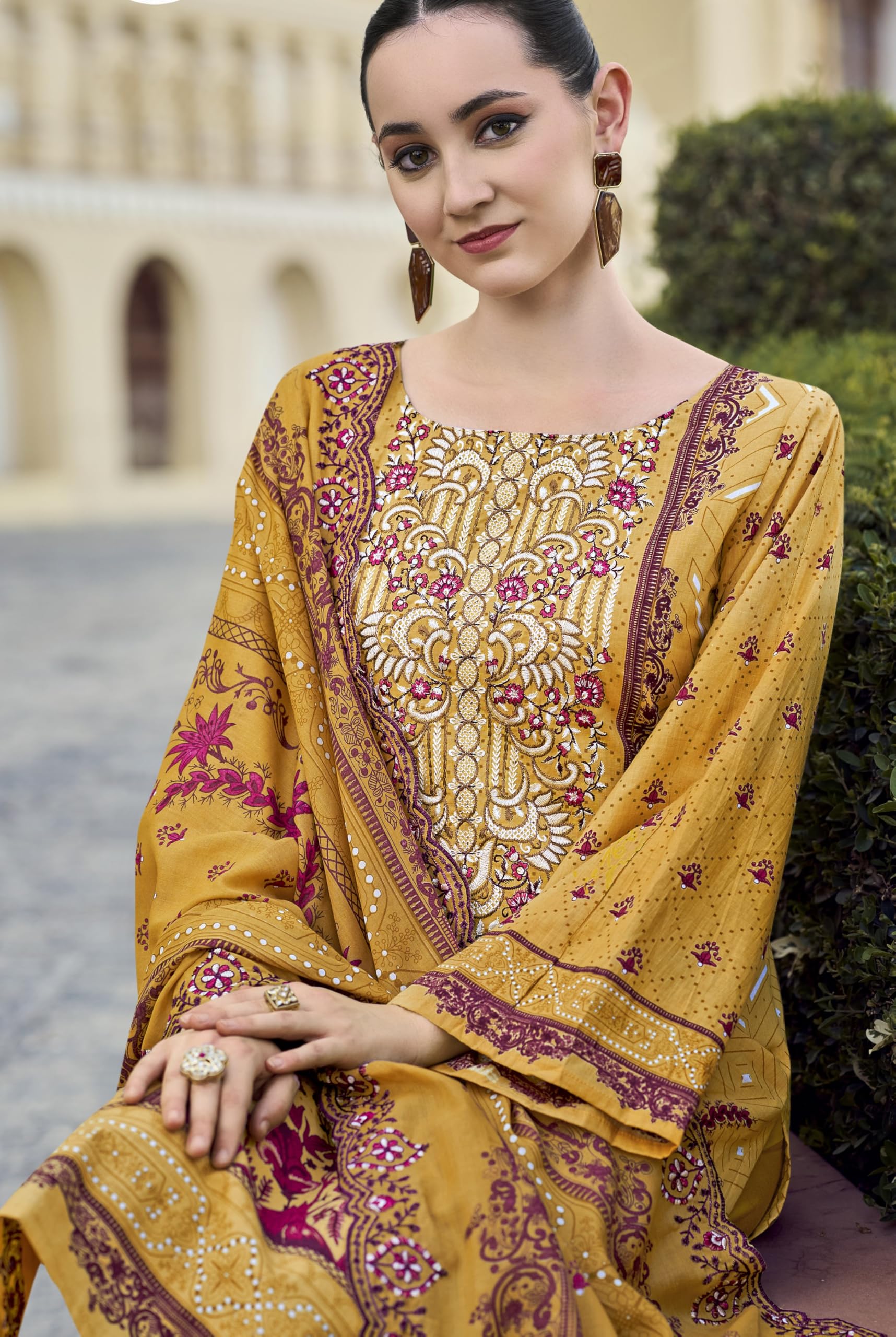 DRAVINAM Trends Women's Unstitched Pakistani Digital Print Embroidered Pure Cotton Salwar Suit Dress Materials with Cotton Embroidered Cutwork Dupatta