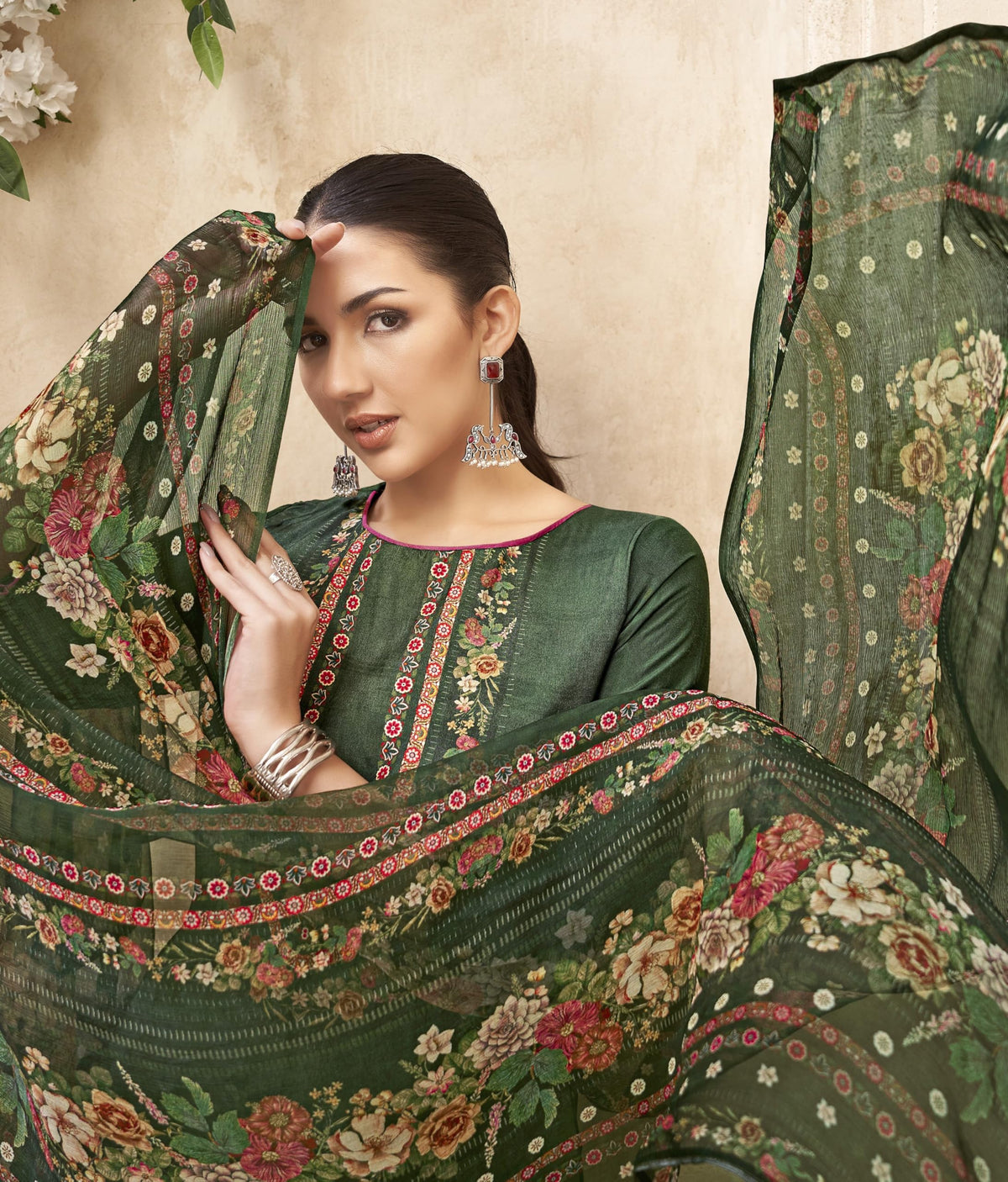DRAVINAM Trends Women's Unstitched Viscose Maslin Hand Embroidered Suit Material - Viscose Maslin Digital Printed Hand Embroidered Kameez II Rayon Bottoms II Half Pure Digital Printed Dupatta
