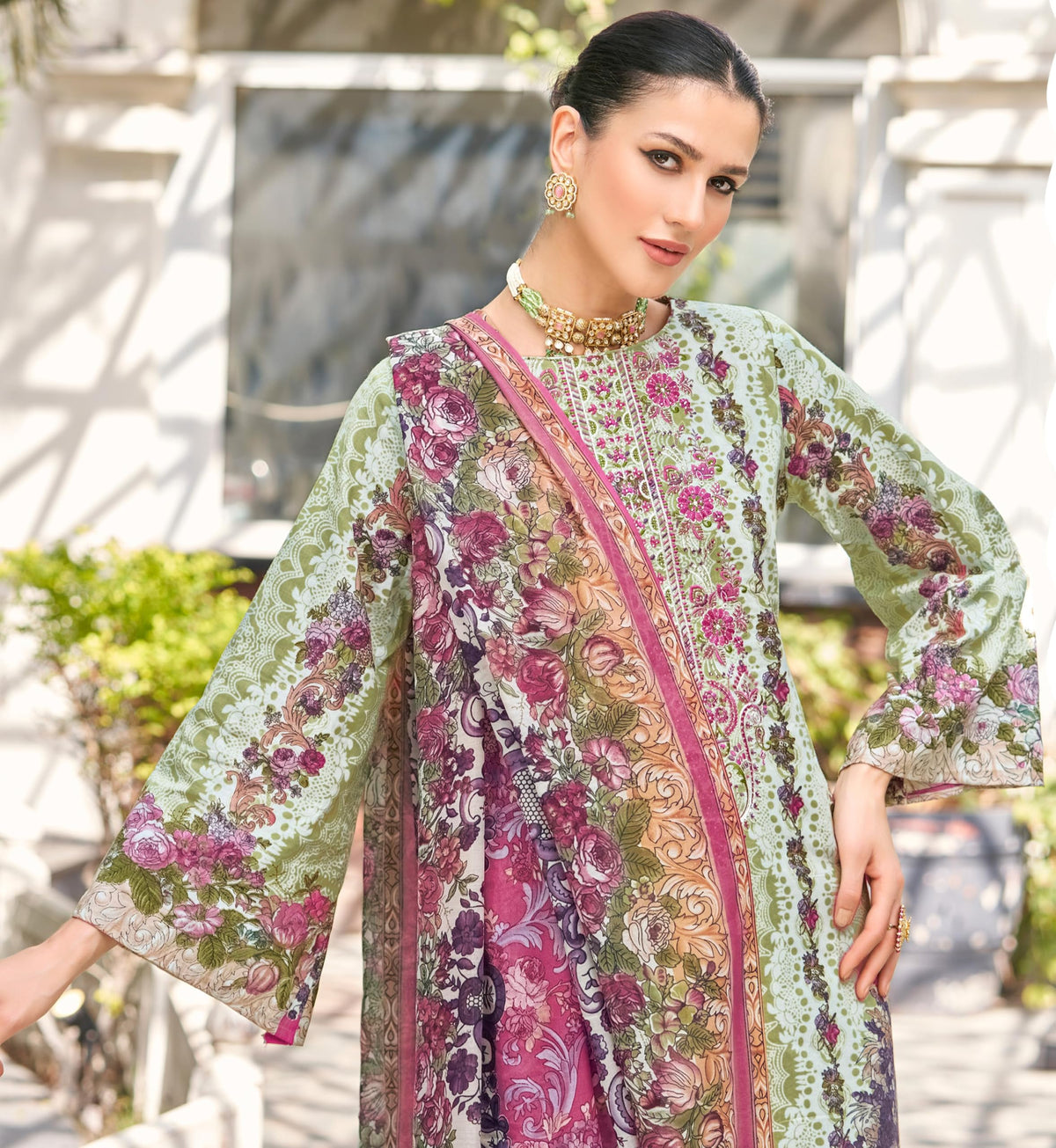 DRAVINAM Trends Cambric Cotton Pakistani Embroidered Suit Dress Material with Unstitched Bottoms and Cotton Dupatta