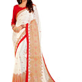 DRAVINAM Trends Women's Jute Linen Printed Border Saree with Unstitched Blouse Piece (White Black)