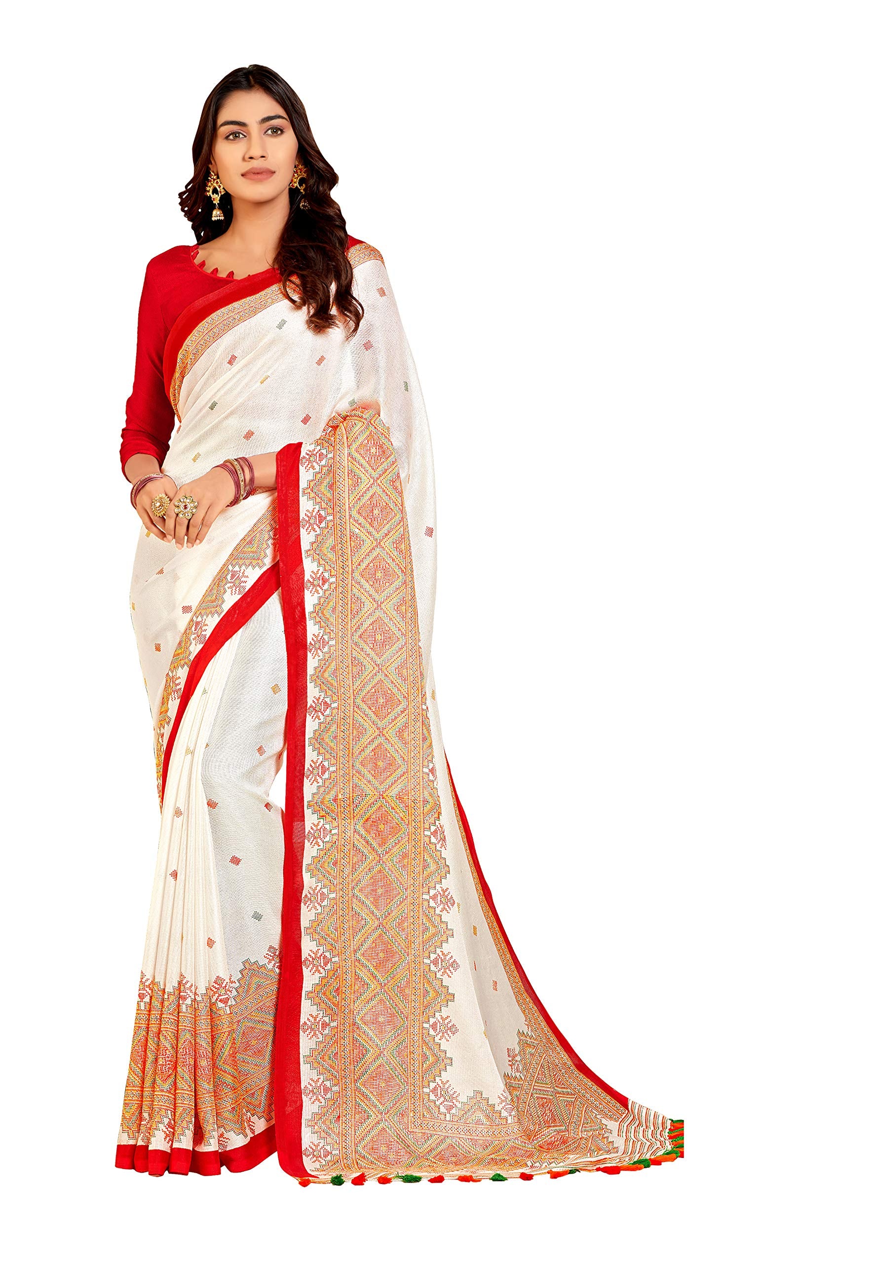 DRAVINAM Trends Women's Jute Linen Printed Border Saree with Unstitched Blouse Piece (White Black)