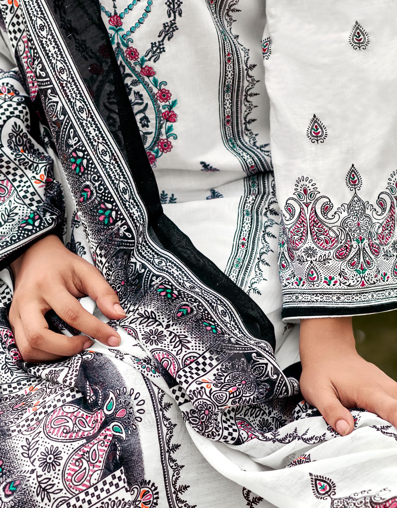 DRAVINAM Trends Women's Pakistani Print Embroidered Unstitcehd Pure Cambric Cotton Salwar Suit Dress Materials with Pure Cotton Printed Dupatta