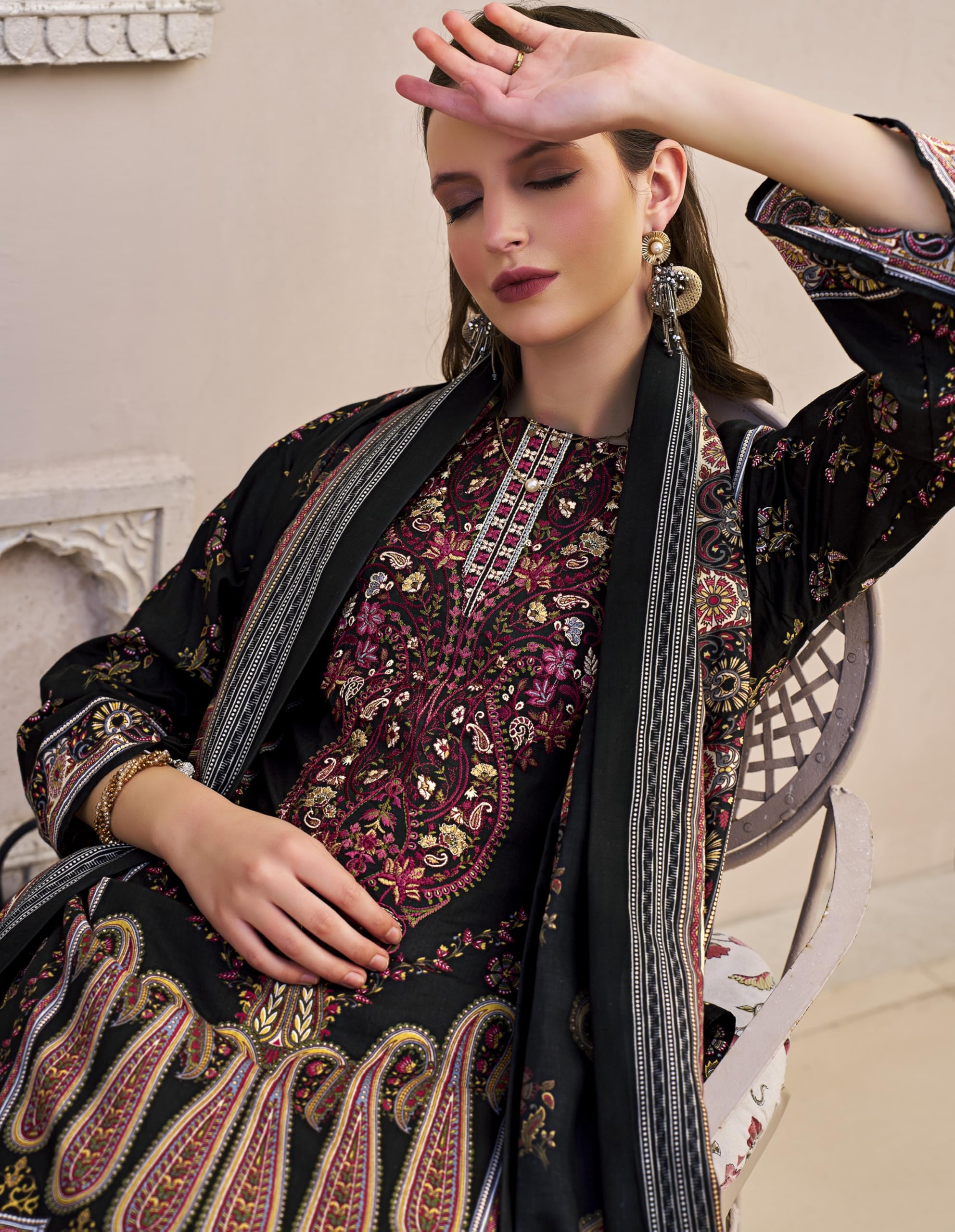 DRAVINAM Trends Unstitched Pakistani Embroidered Pure Cotton Salwar Suit Dress Materials with Cotton Dupatta