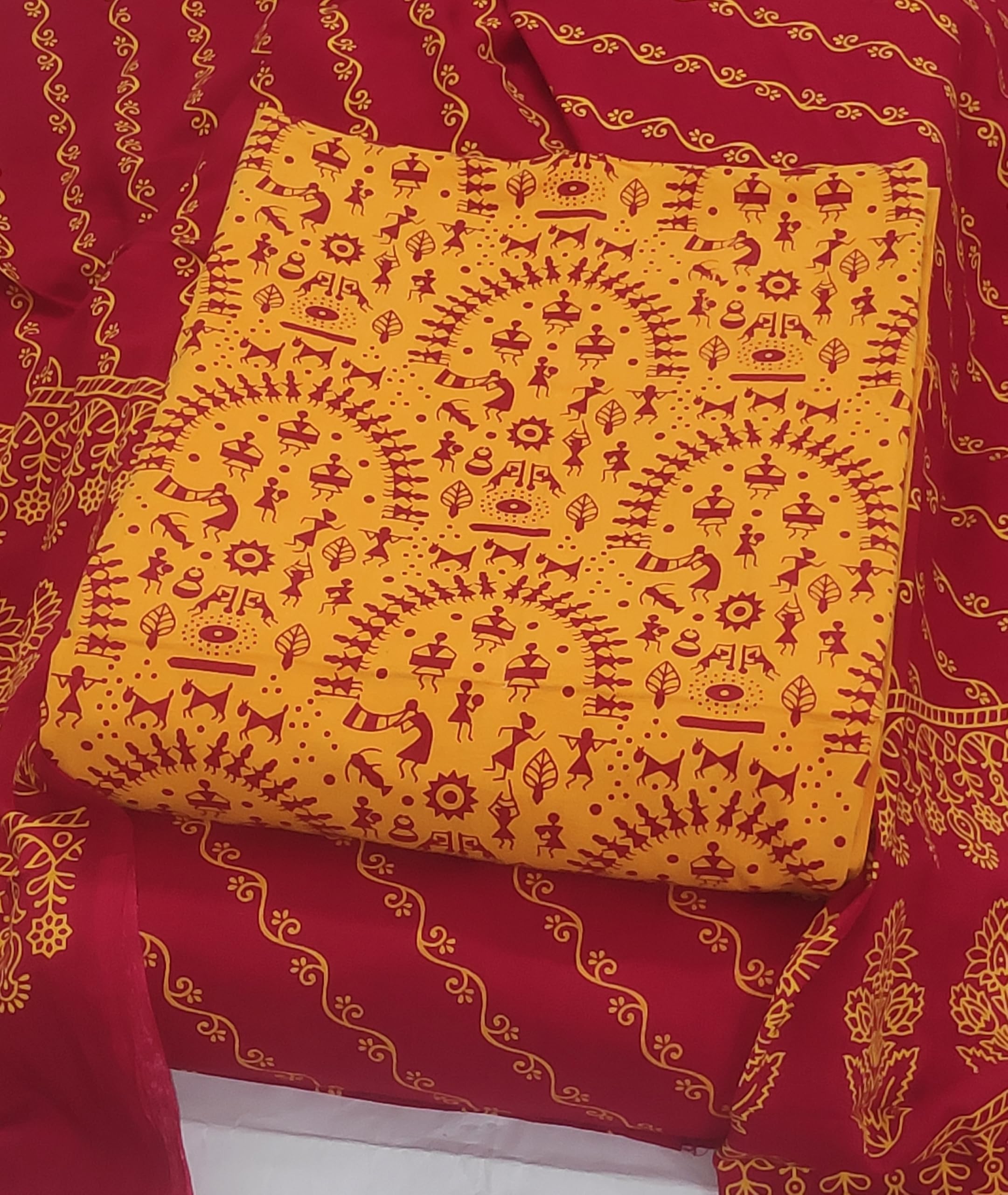 DRAVINAM Trends Women's Premium Cotton Unstitched Salwar Suit Dress Material Set | Traditional Rajasthani Gujari Block Print (Red & Mustard Yellow)
