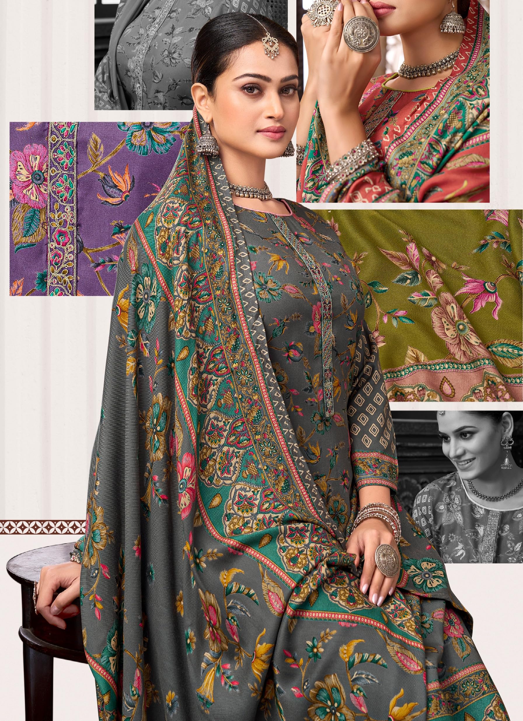 DRAVINAM Trends Women's Winter Wear Unstitched Discharge Print Embroidered Woollen Viscose Pashmina Salwar Suit Dress Material with Pashmina Printed Shawl Dupatta