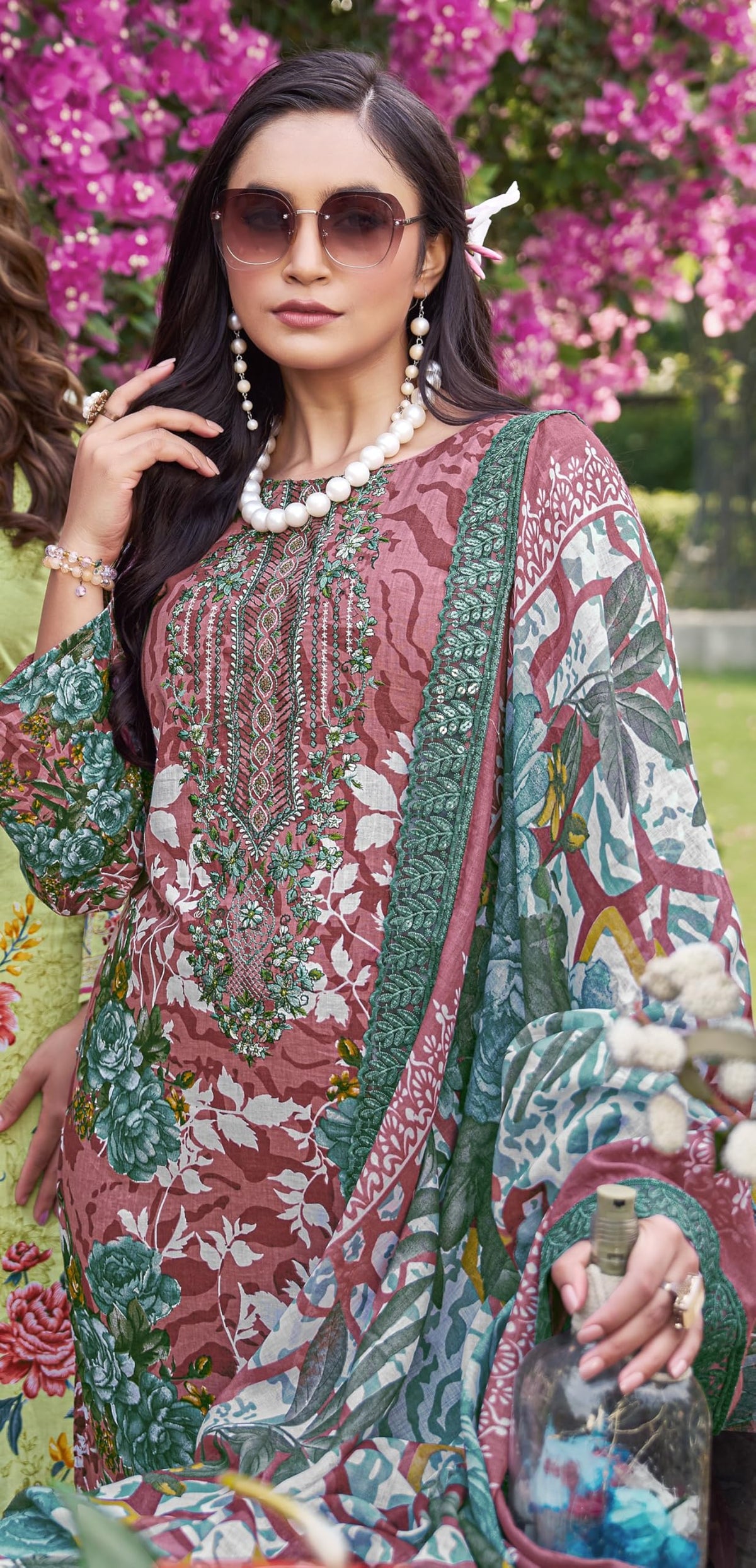 DRAVINAM Trends Pure Cambric Cotton Pakistani Embroidered Suit Dress Material with Unstitched Bottoms and Cotton Dupatta