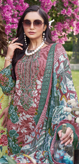 DRAVINAM Trends Pure Cambric Cotton Pakistani Embroidered Suit Dress Material with Unstitched Bottoms and Cotton Dupatta
