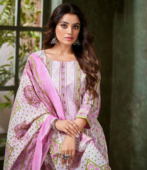 DRAVINAM Trends Pure Cotton Printed Dress Material Salwar Siroski Work Suit with Unstitched Bottoms and Cotton Dupatta