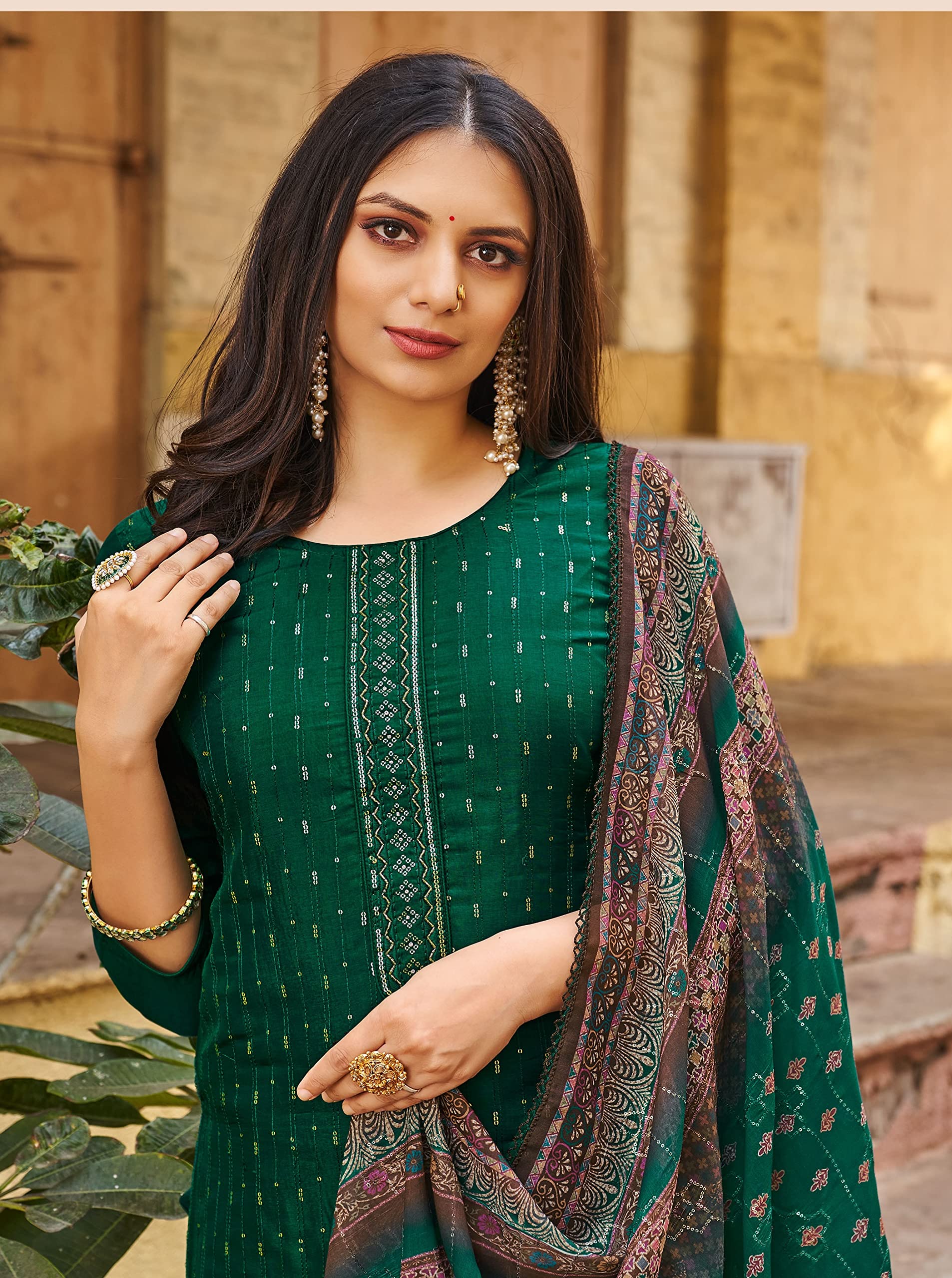 DRAVINAM Trends Women's Pure Viscose Upada Silk Sequence work Unstitched Salwar Suit Material with Pure Muslin Digital Print Sequence Dupatta (Free size_Bottle Green)