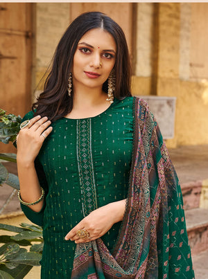 DRAVINAM Trends Women's Pure Viscose Upada Silk Sequence work Unstitched Salwar Suit Material with Pure Muslin Digital Print Sequence Dupatta (Free size_Bottle Green)