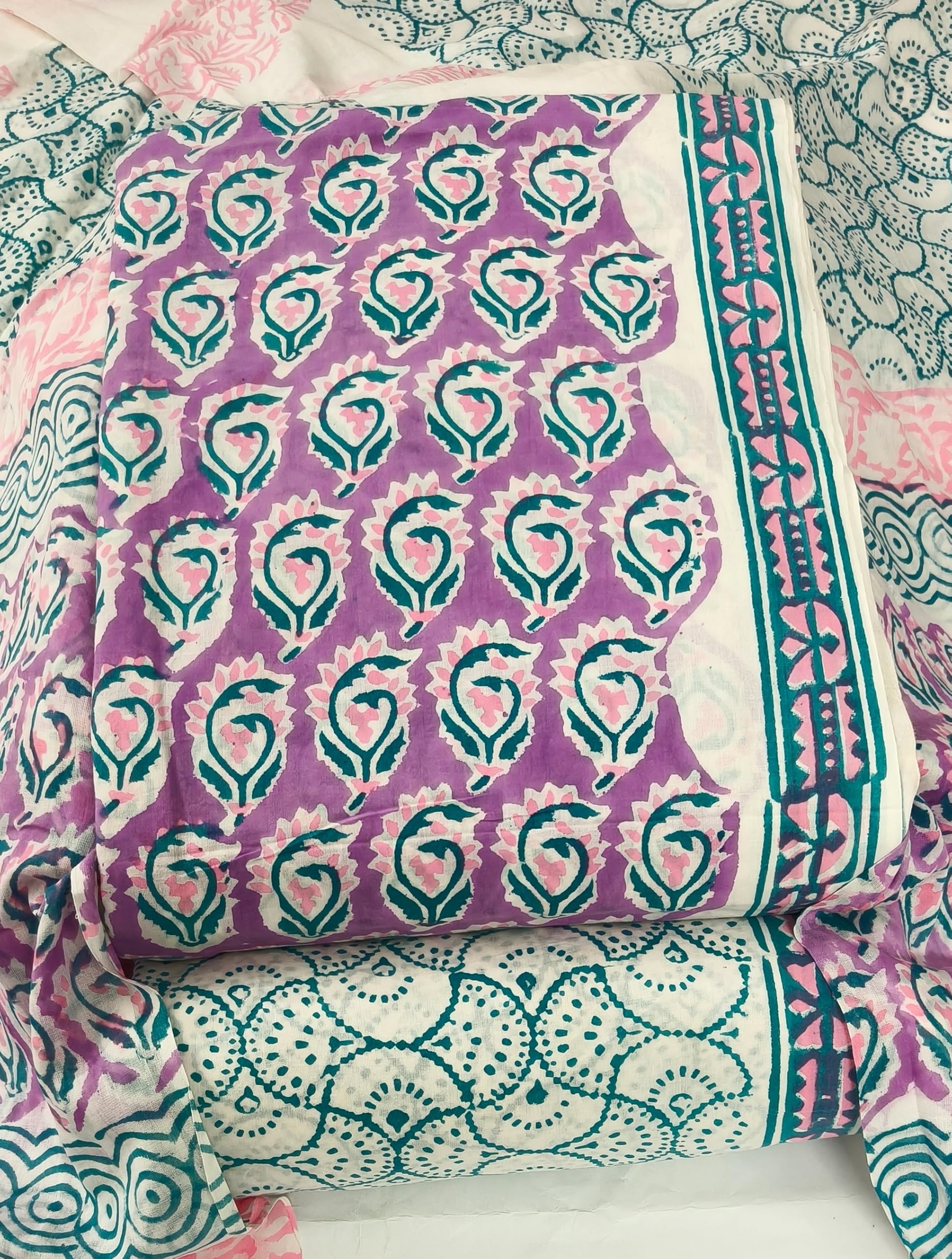 DRAVINAM Trends Hand Block Print Sanganeri Cambric Unstitched Cotton Suit Dress Material for Women with Mulmul Cotton Hand Printed Dupatta