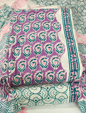 DRAVINAM Trends Hand Block Print Sanganeri Cambric Unstitched Cotton Suit Dress Material for Women with Mulmul Cotton Hand Printed Dupatta