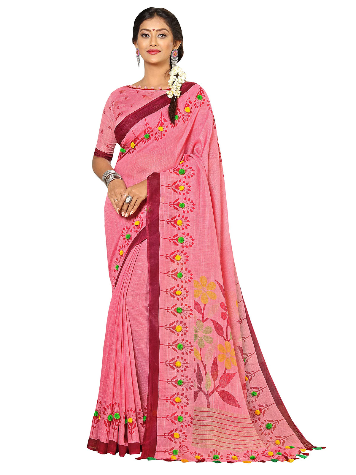 DRAVINAM Trends Women's Khadi Linen Saree With Blouse Piece (SareePN_7_Onion Pink)