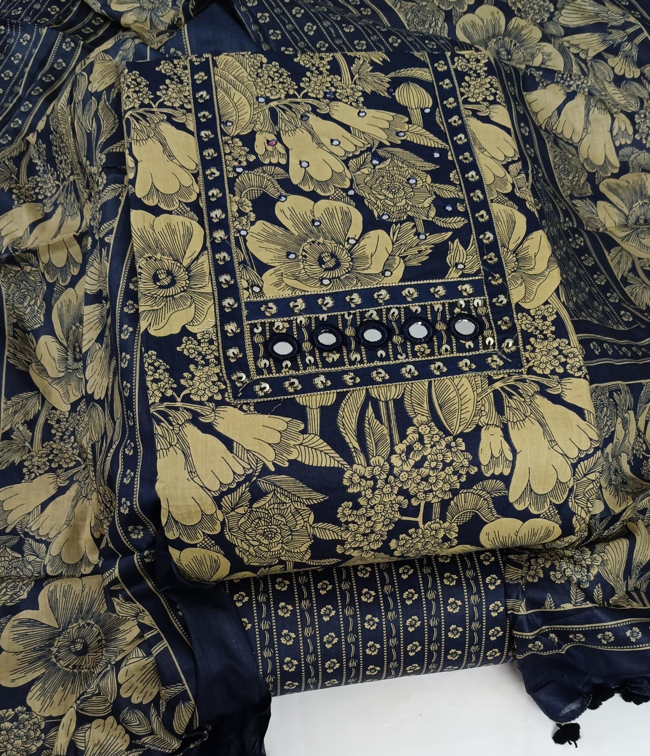 DRAVINAM Trends Women's Printed Embroidered and Hand Work Premium Cotton Jaipuri Unstitched Salwar Suit Dress Material with Mulmul Cotton Dupatta