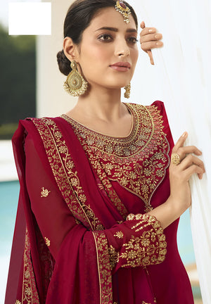 DRAVINAM Trends Women's Heavy Embroidered Pure Georgette Sharara Salwar Suit Dress Material with Heavy Embroidered Pure Georgette Dupatta (Free size_Maroonish red)
