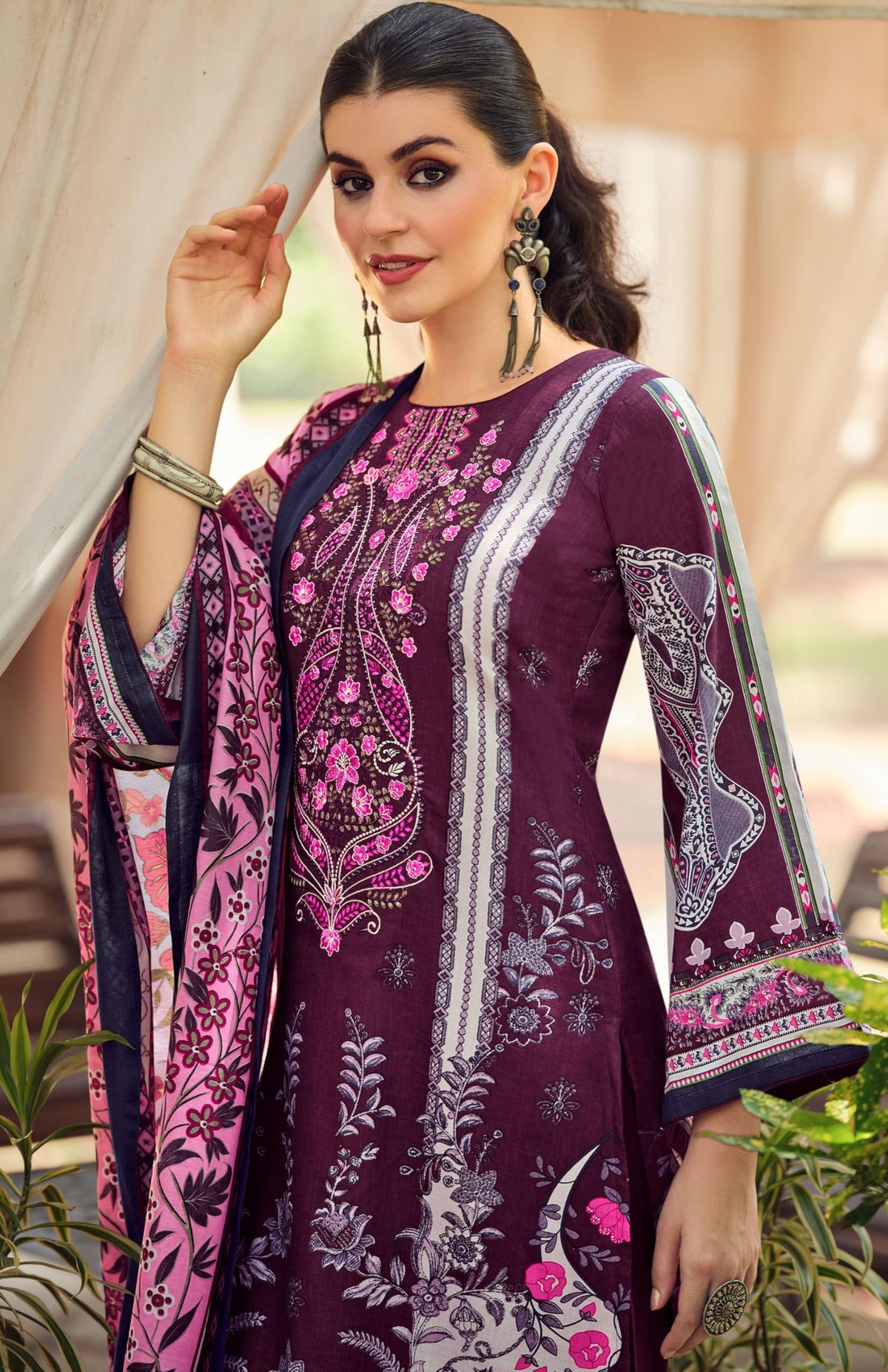DRAVINAM Trends Lawn Cotton Pakistani Embroidered Suit Dress Material with Unstitched Bottoms and Cotton Dupatta