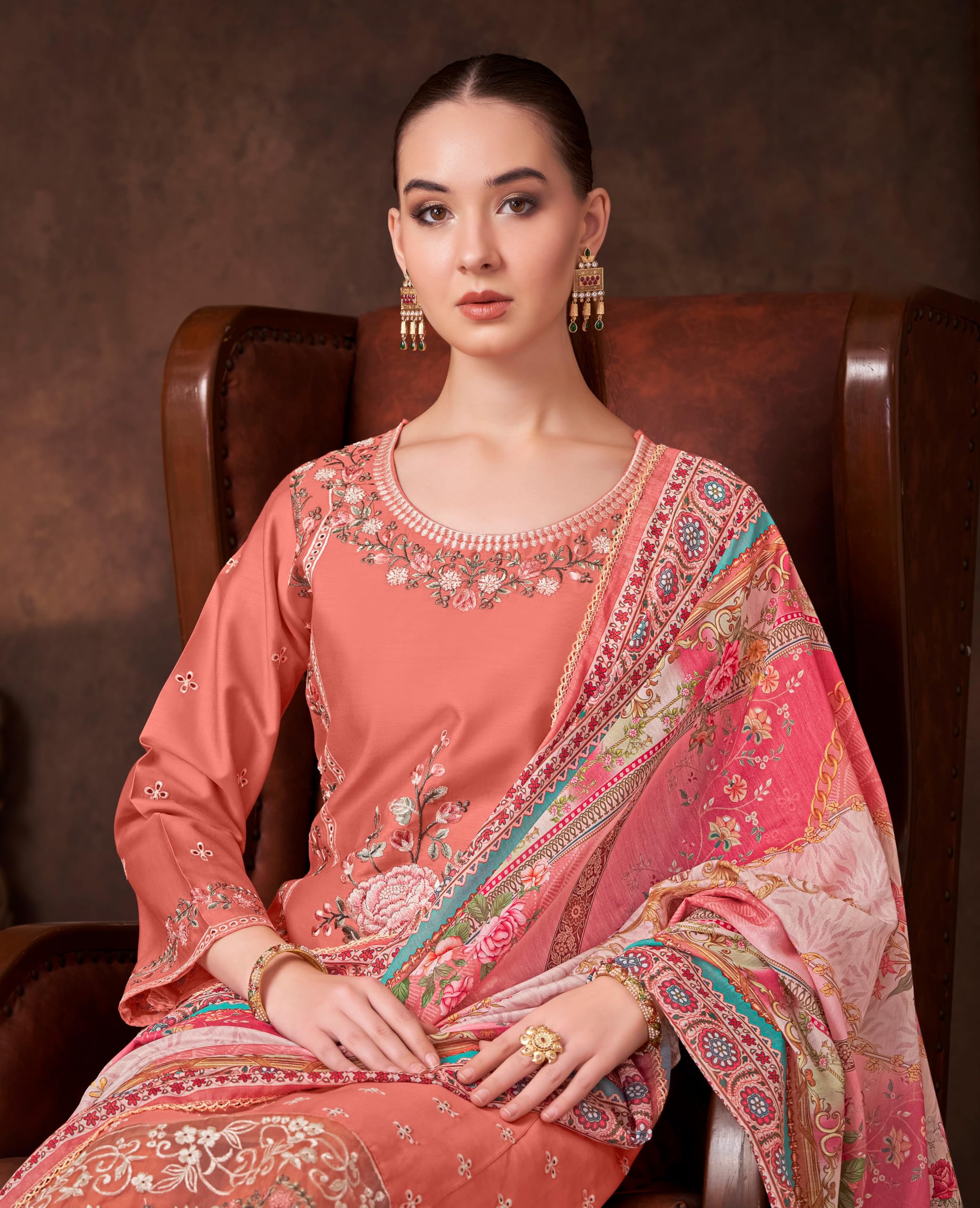 DRAVINAM Trends Women's Exquisite Unstitched Viscose Jam Cotton Suit Dress Material with Embroidered Daman & Sleeves | Stylish Pure Cotton Digital Print Dupatta & Solid Bottoms
