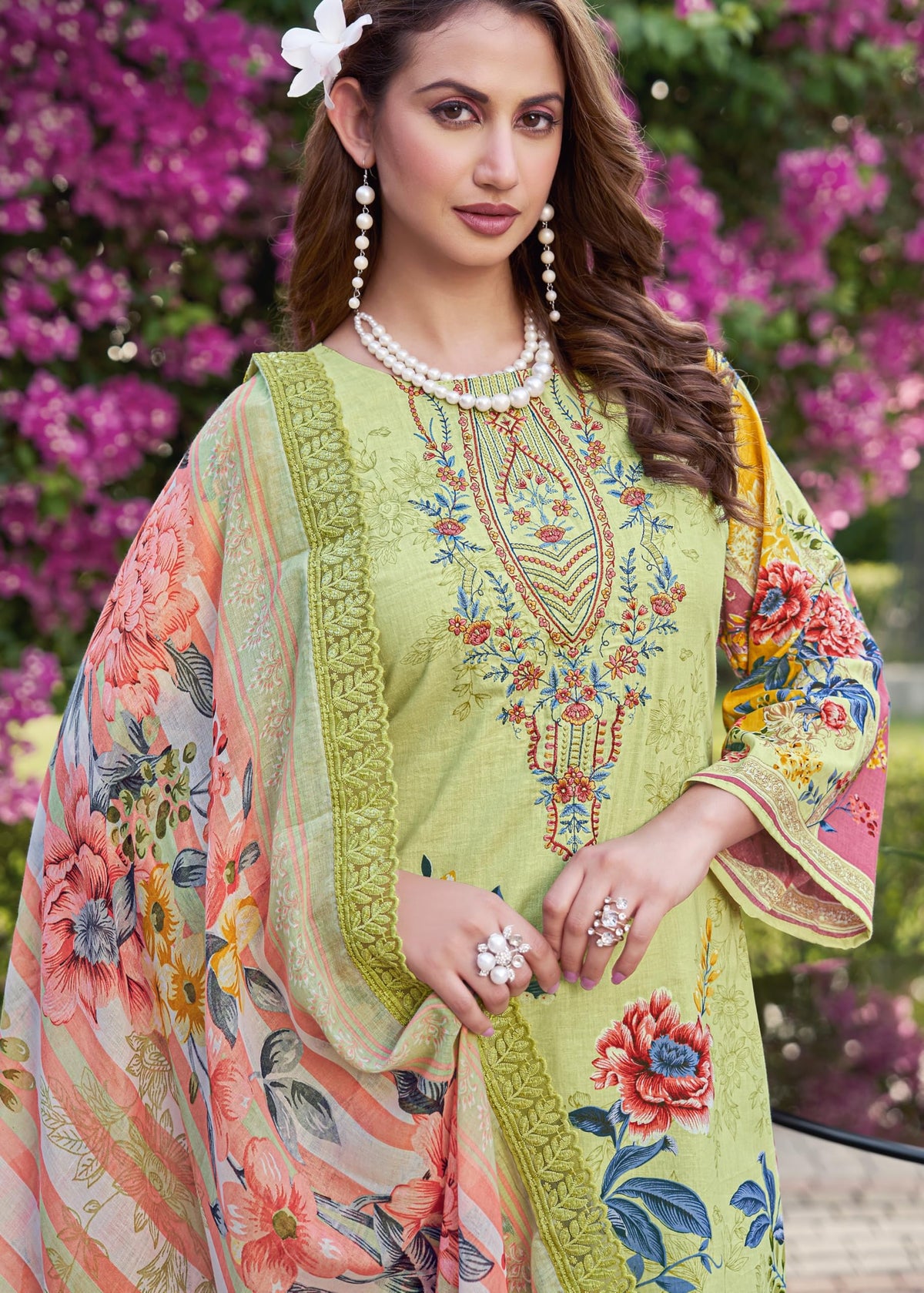 DRAVINAM Trends Pure Cambric Cotton Pakistani Embroidered Suit Dress Material with Unstitched Bottoms and Cotton Dupatta