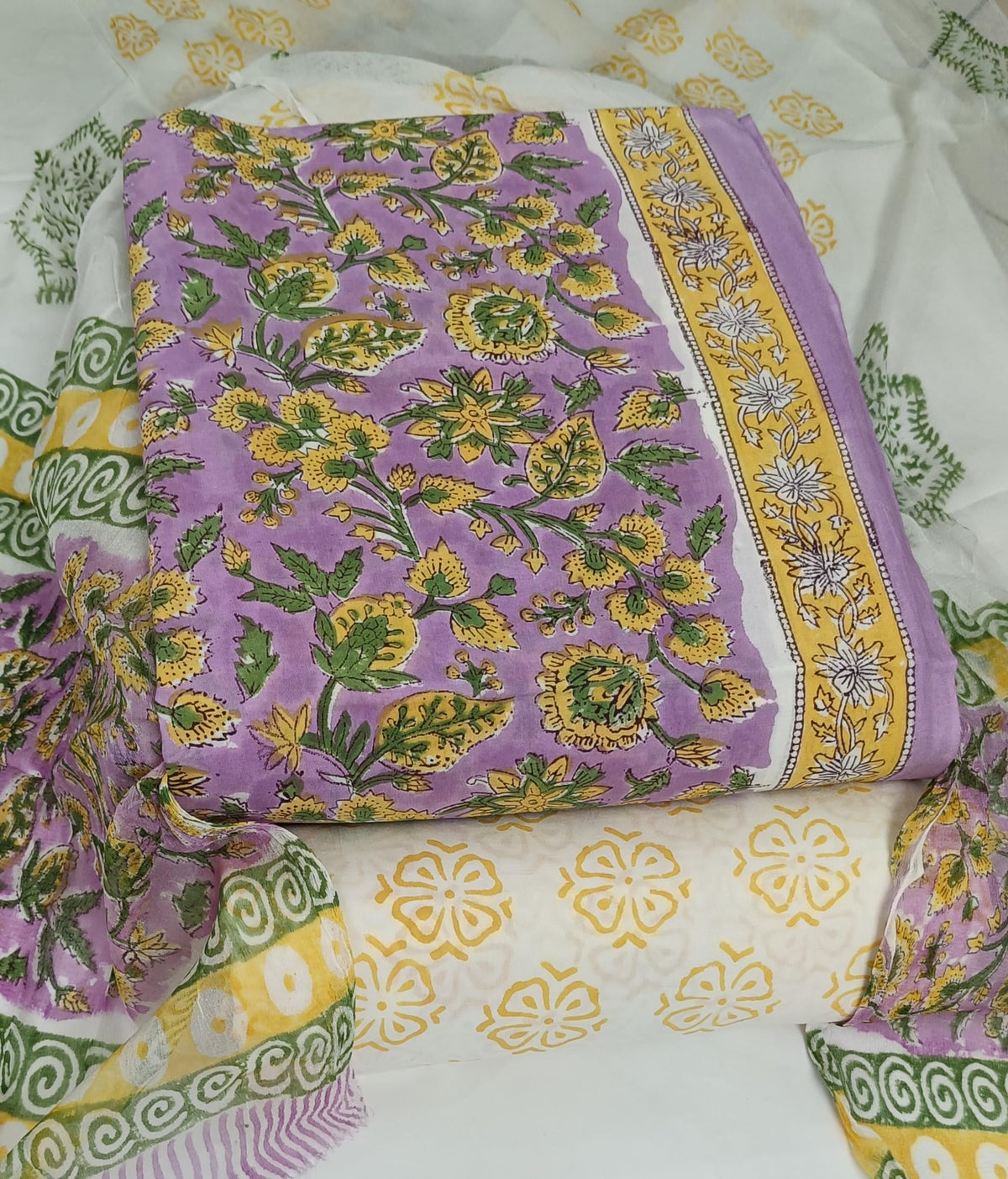 DRAVINAM Trends Hand Block Print Pure Cambric Cotton Unstitched Suit Material with Chiffon Hand Printed Dupatta