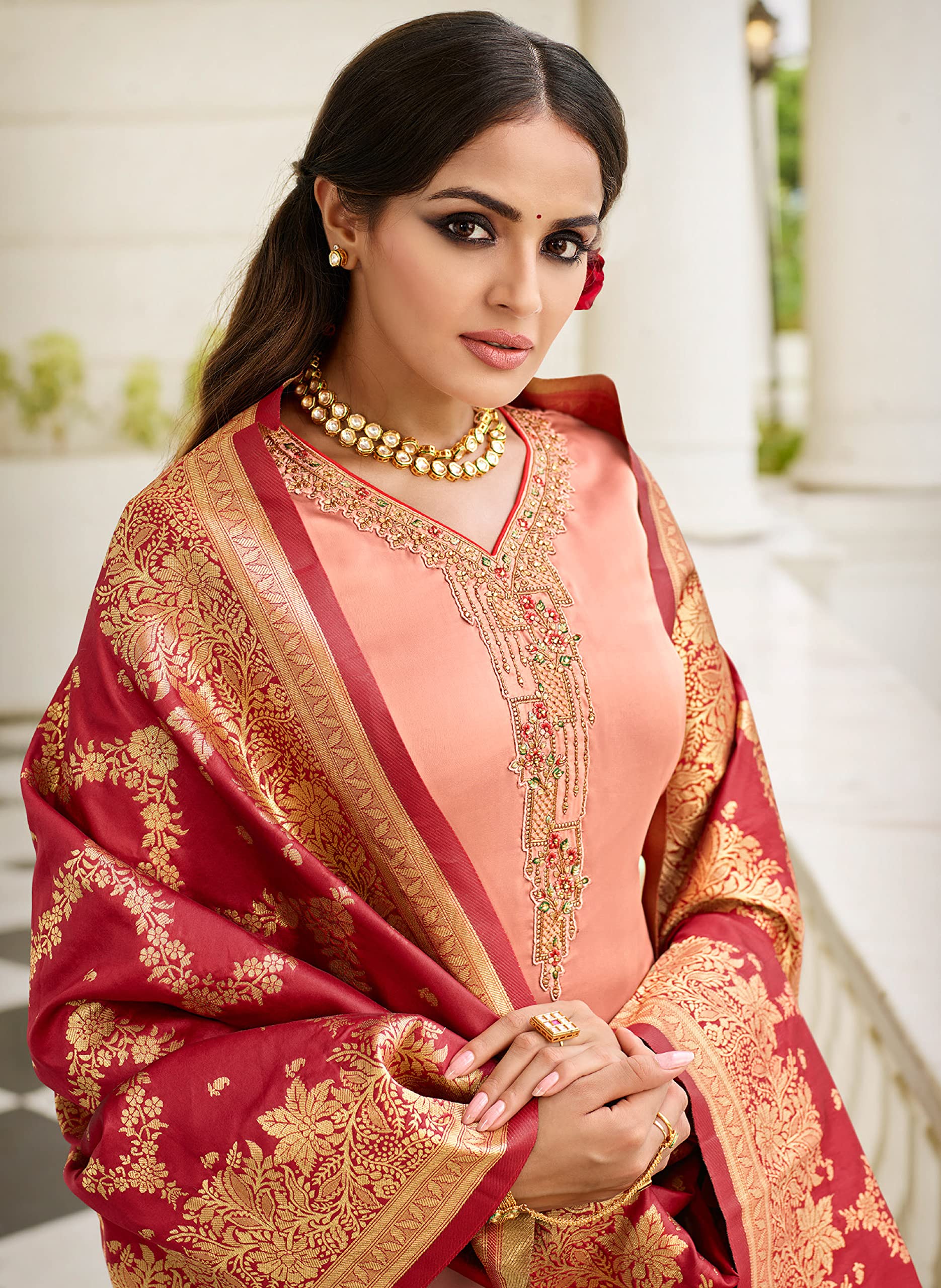 DRAVINAM Trends Women's Satin Georgette Zari Embroidered Unstitched Chudidar Suit Dress Material with Pure Banarasi Heavy Woven Dupatta (With Inner) (Free size_Peach)