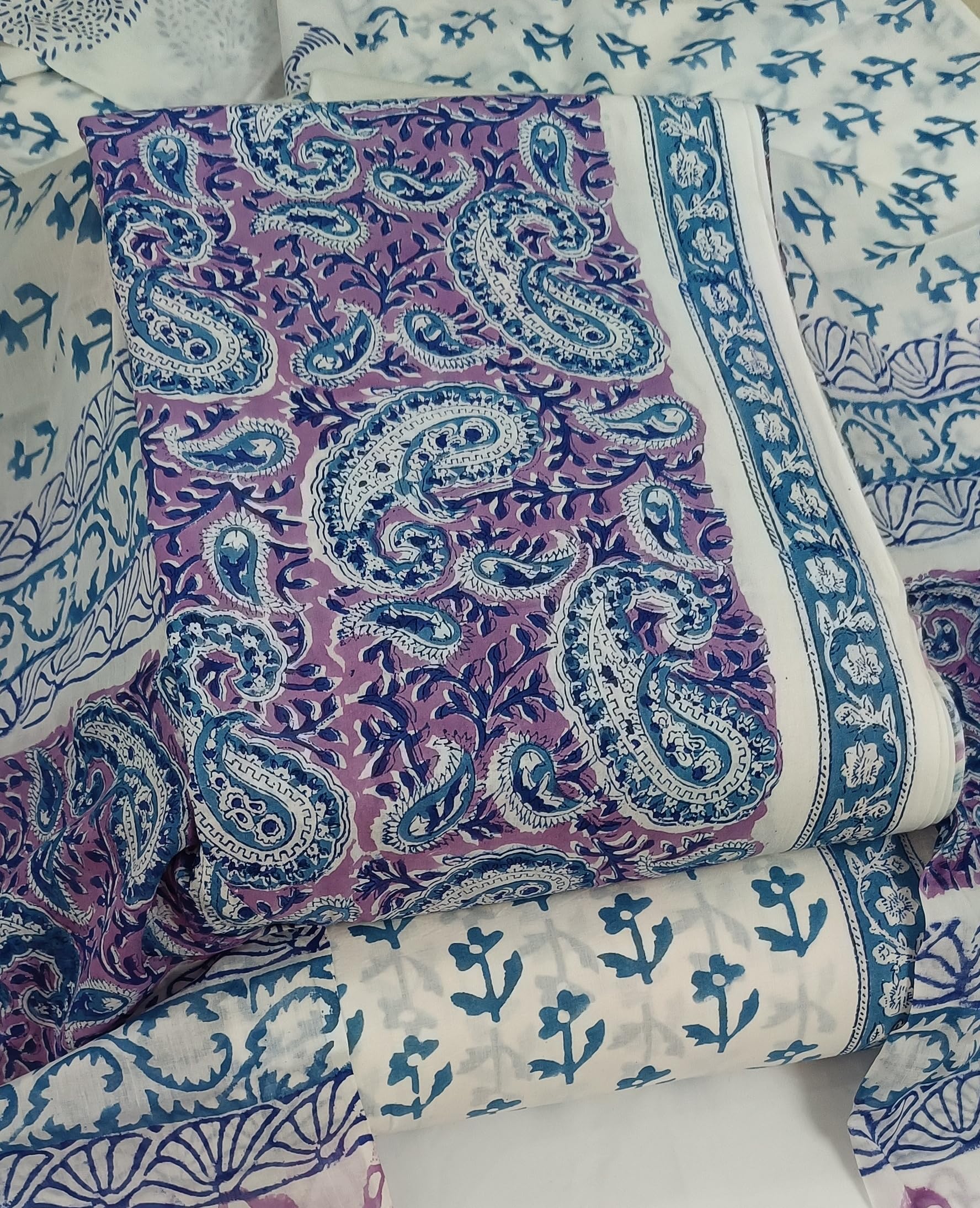 DRAVINAM Trends Hand Block Print Sanganeri Cambric Unstitched Cotton Suit Dress Material for Women with Mulmul Cotton Hand Printed Dupatta