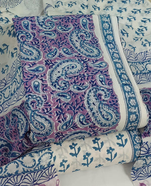 DRAVINAM Trends Hand Block Print Sanganeri Cambric Unstitched Cotton Suit Dress Material for Women with Mulmul Cotton Hand Printed Dupatta