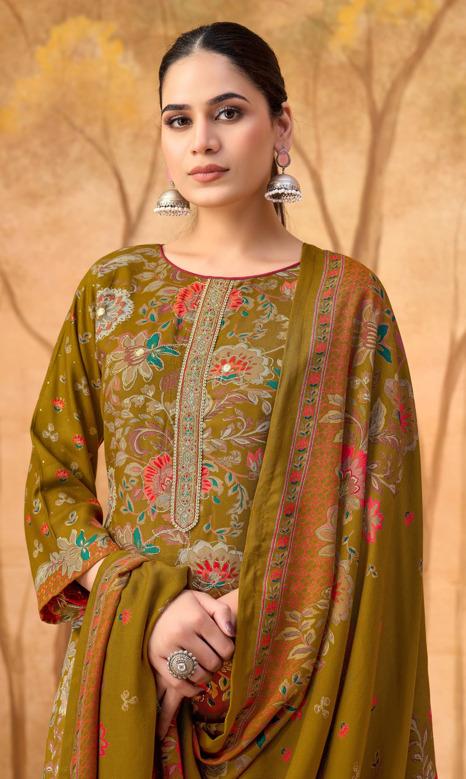 DRAVINAM Trends Women's Winter Wear Unstitched Discharge Print Hand Work Neck Embroidered Woollen Viscose Pashmina Salwar Suit Dress Material with Pashmina Printed Shawl Dupatta