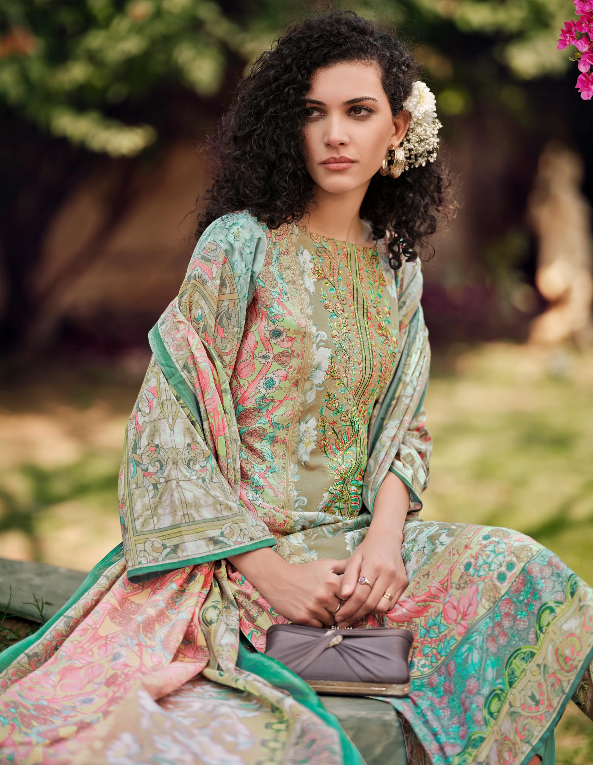 DRAVINAM Trends Women's Unstitched Salwar Suit Dress Material - Cotton Digital Printed Organza Embroidered Kameez II Unstitch Bottoms II Cotton Dupatta