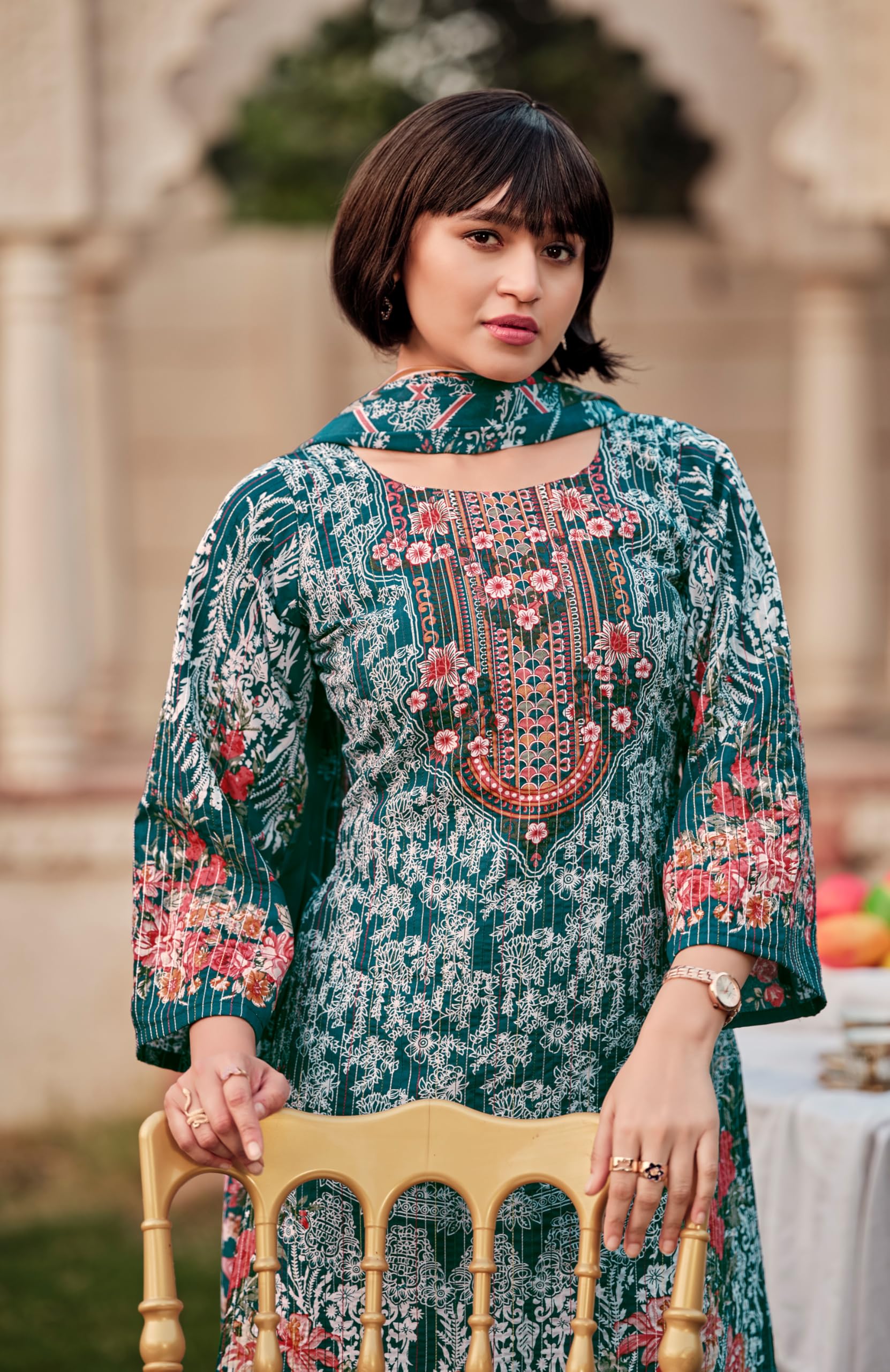 DRAVINAM Trends Women's Unstitched Pure Cotton Suit Dress Material with Heavy Lining Embroidered | Stylish Pure Cotton Print Dupatta & Solid Bottoms