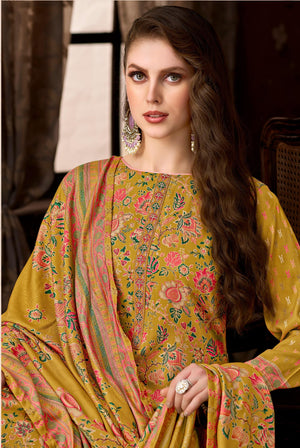 DRAVINAM Trends Women's Winter Wear Unstitched Discharge Print Hand Work Neck Embroidered Woollen Viscose Pashmina Salwar Suit Dress Material with Pashmina Printed Shawl Dupatta