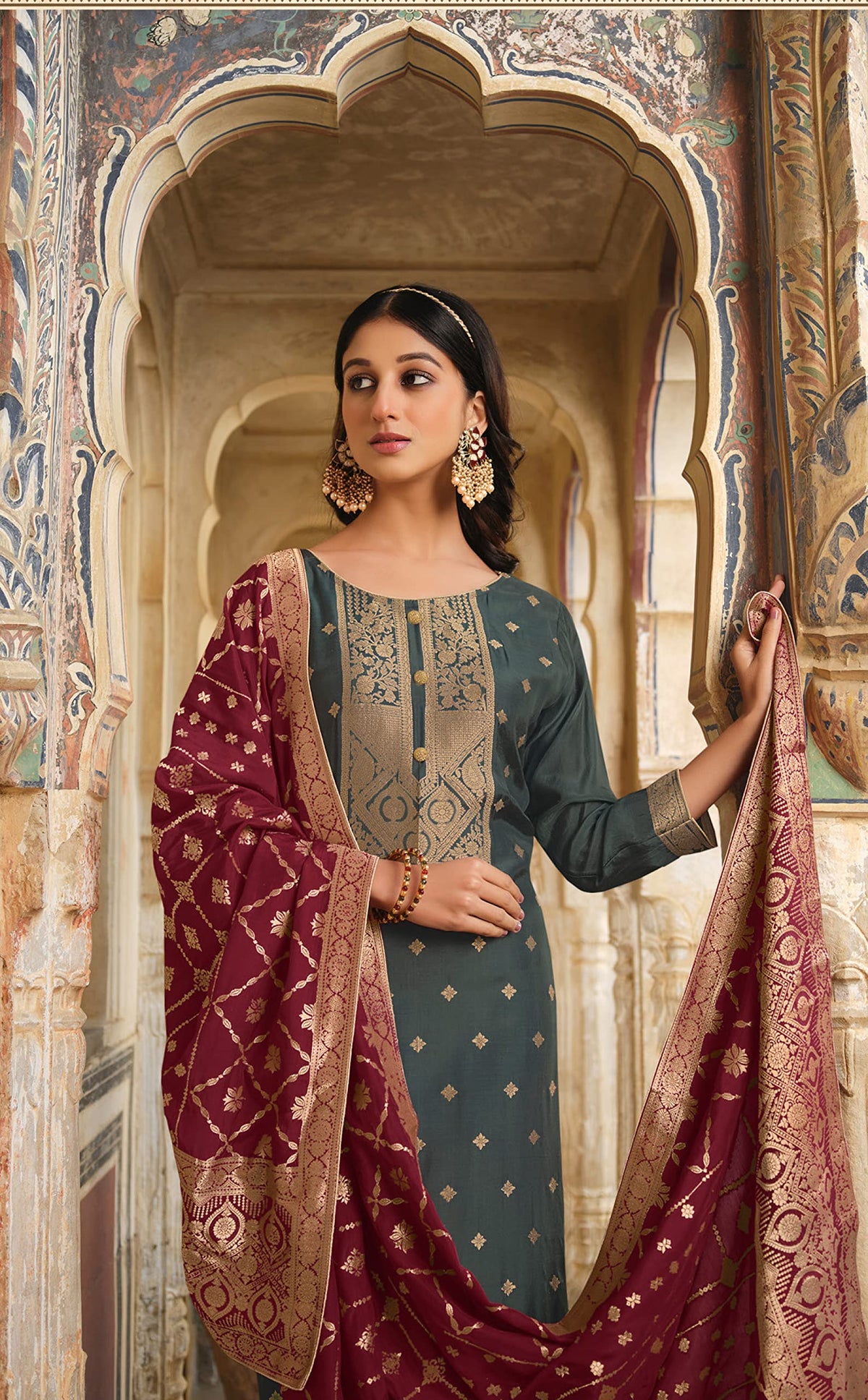 DRAVINAM Trends Women's Coral Silk Weaving Jacquard Unstitched Pakistani Salwar Suit Dress Material with Pure Coral Silk Weaving Jacquard Dupatta (Blue)