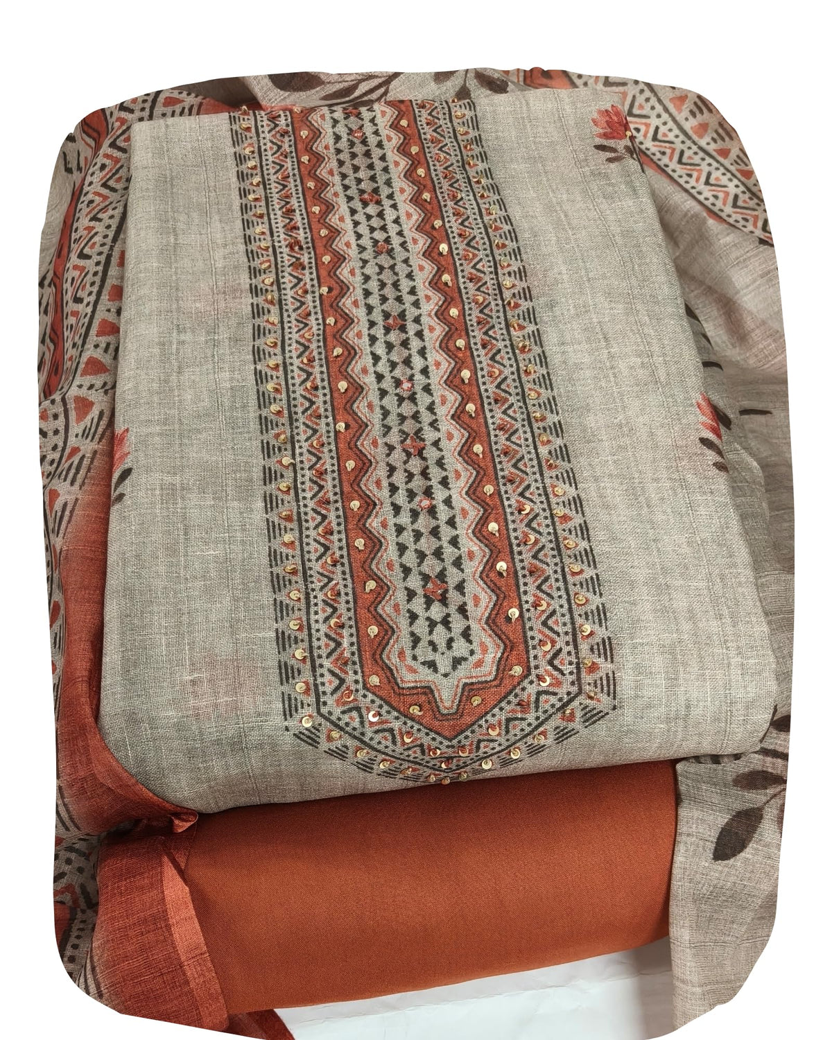 DRAVINAM Trends Women's Linen Cross-Stitch Floral Print Unstitched Salwar Suit Dress Material with Malai Cotton Bottom & Linen Dupatta