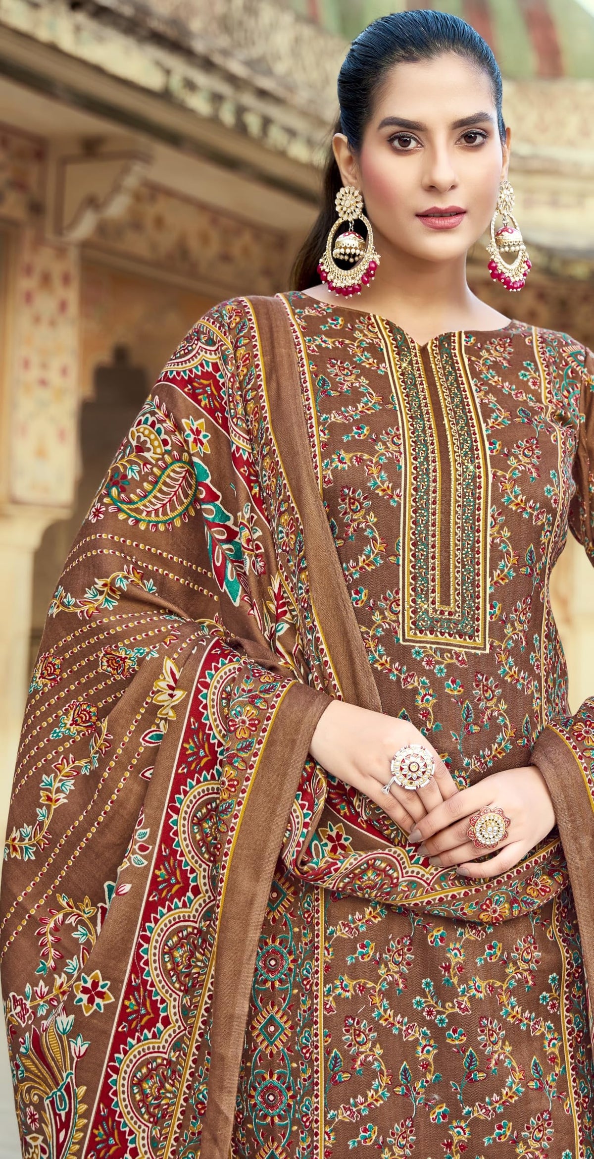 DRAVINAM Trends Women's Unstitched Winter Wear Kashmiri Kani Printed Swaroski Work Heavy Woolen Pashmina Salwar Suit Dress Material with Twill Printed Shawl Dupatta