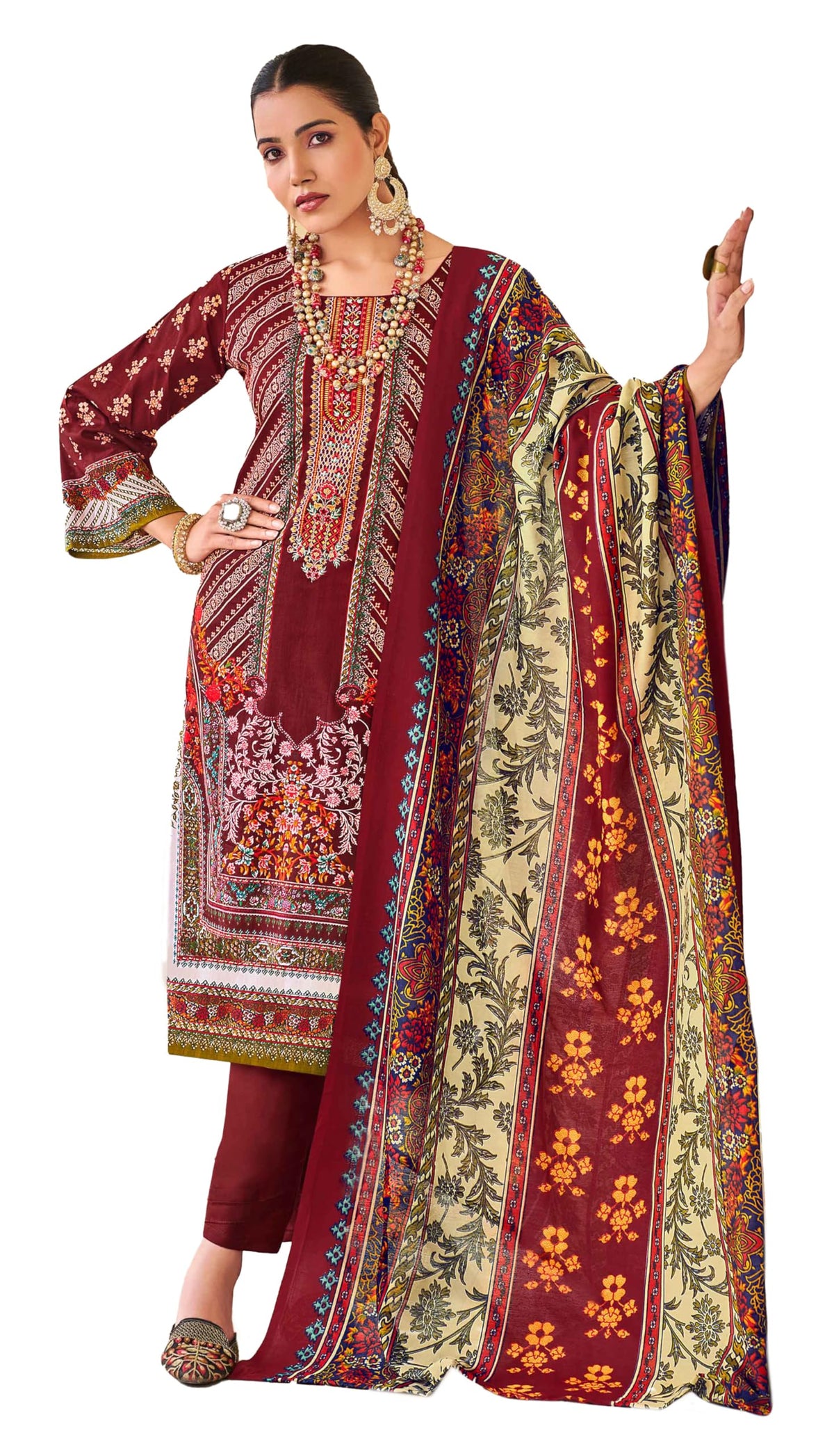 DRAVINAM Trends Lawn Cotton Pakistani Embroidered Suit Dress Material with Unstitched Bottoms and Cotton Dupatta